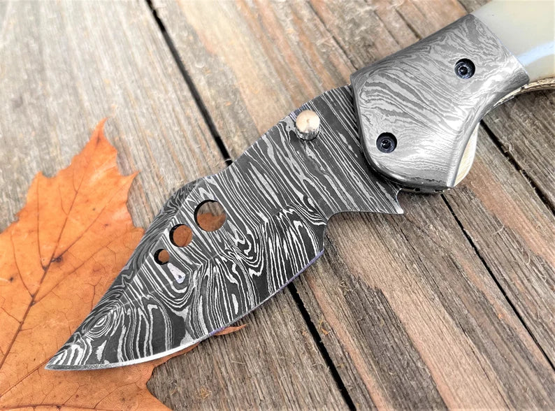 Personalized Damascus Steel Pocket Knife with Belt Clip Camel Bone Rose Wood Handle - store 7.5