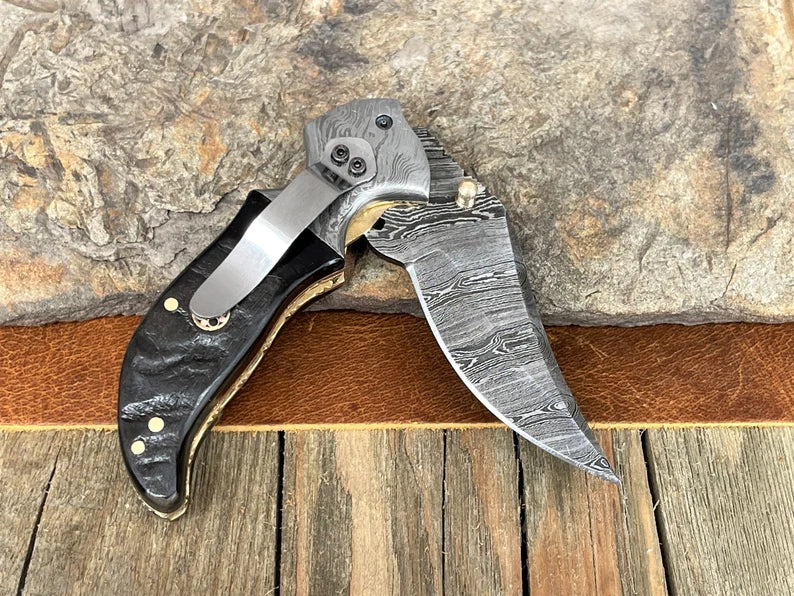 Ram Horn Handle Damascus Steel Pocket Knife with Belt Clip, Custom Engraved Gift Knife for Men