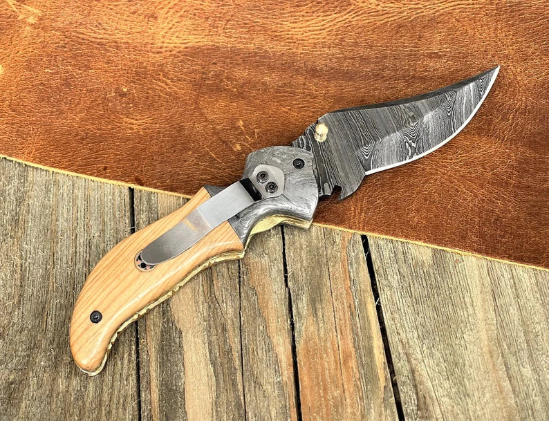 Damascus Steel Pocket Knife with Belt Clip Handmade Folding Knife with Olive Wood Handle