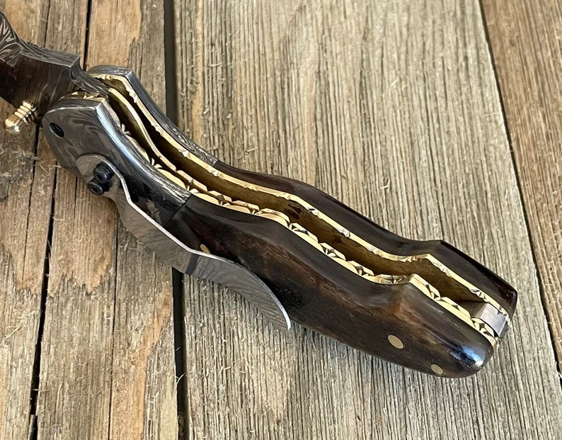 Handmade Ram Horn Handle Damascus Steel Pocket Knife with Belt Clip Custom Gift Knife for Men