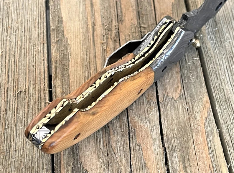 Damascus Steel Folding Pocket Knife with Belt Clip Handmade