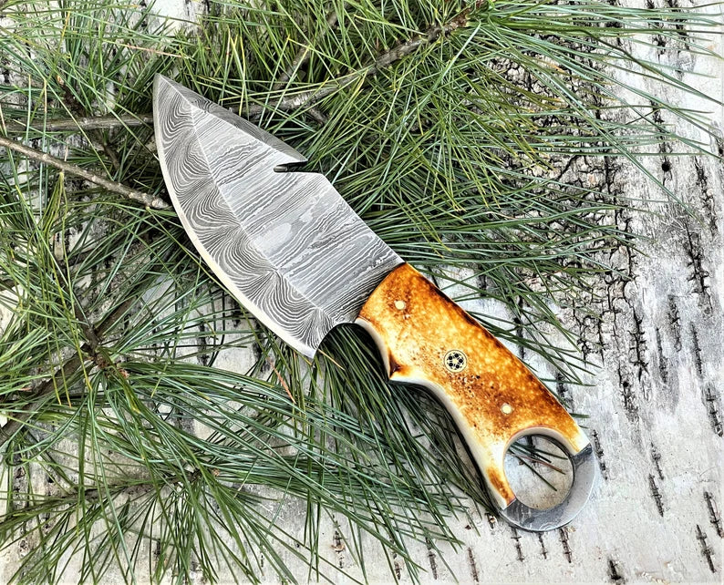 Handmade Full Tang Gut Hook Fixed Blade Knife, Burnt Camel Bone Handle Damascus Steel Knife, Personalized Engraved Gift for Hunter