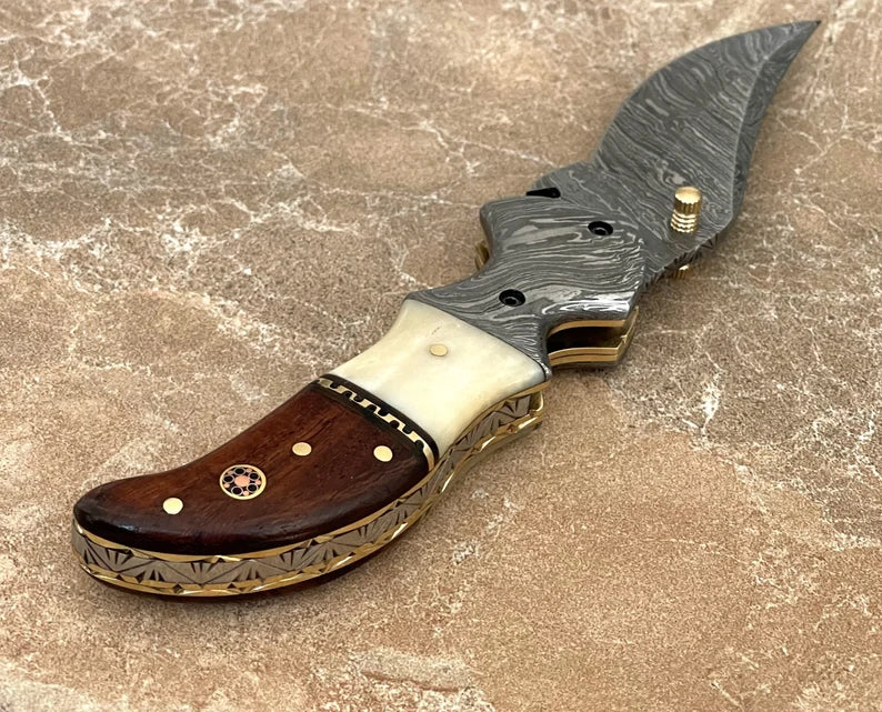 Personalized Handmade Damascus Steel Pocket Knife Camel Bone and Wood Handle