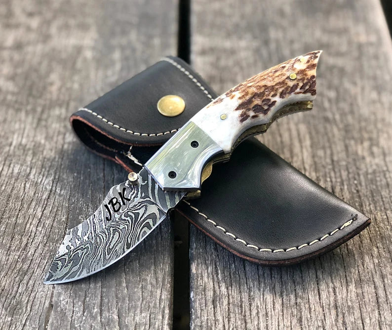 Damascus Steel Pocket Knife  Antler Horn Folding Knife with Leather Sheath, Pocket Camping Knife