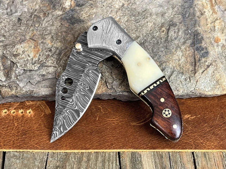 Personalized Damascus Steel Pocket Knife with Belt Clip Camel Bone Rose Wood Handle
