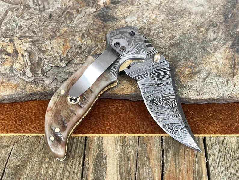 Ram Horn Handle Damascus Steel Pocket Knife with Belt Clip, Custom Engraved Gift Knife for Men