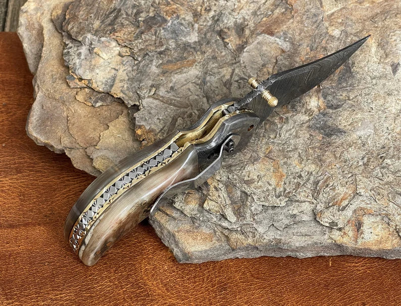 Ram Horn Handle Damascus Steel Pocket Knife with Belt Clip, Custom Engraved Gift Knife for Men