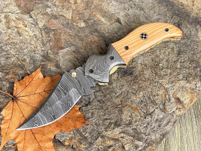 Damascus Steel Pocket Knife with Belt Clip Handmade Folding Knife with Olive Wood Handle