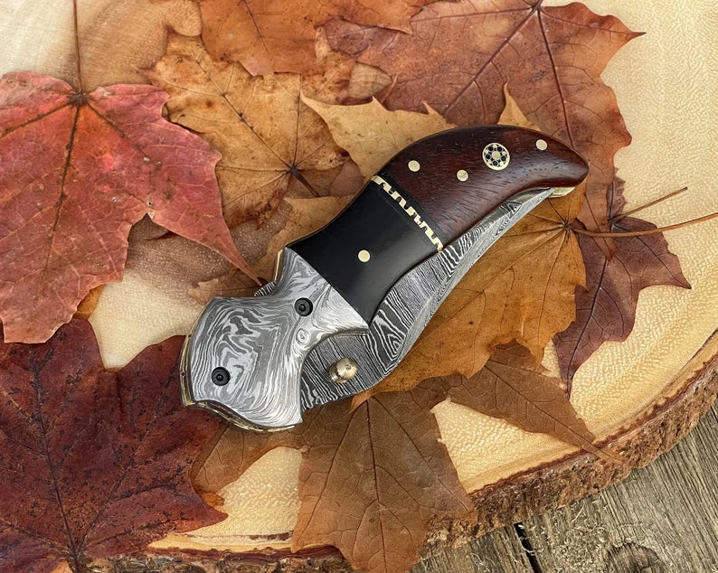 Damascus Steel Pocket Knife with Belt Clip Buffalo Horn and Rose Wood Handle