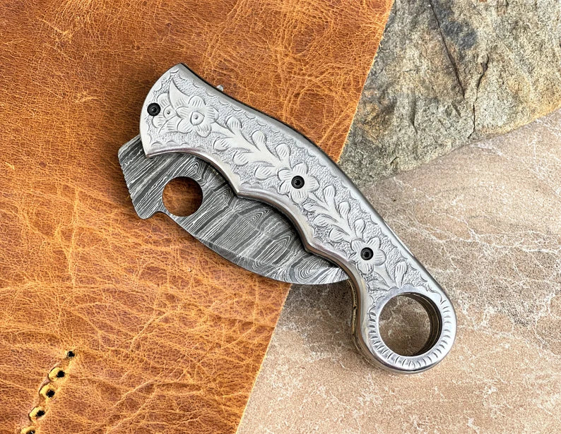 Personalized Damascus Steel Karambit Pocket Knife Custom Engraved Gift Knife