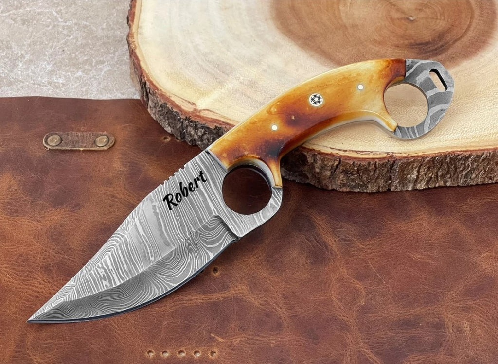 9'' Handmade Custom Full Tang Knife, Damascus Steel Fixed Blade Hunting Knife with Burnt Camel Bone Handle