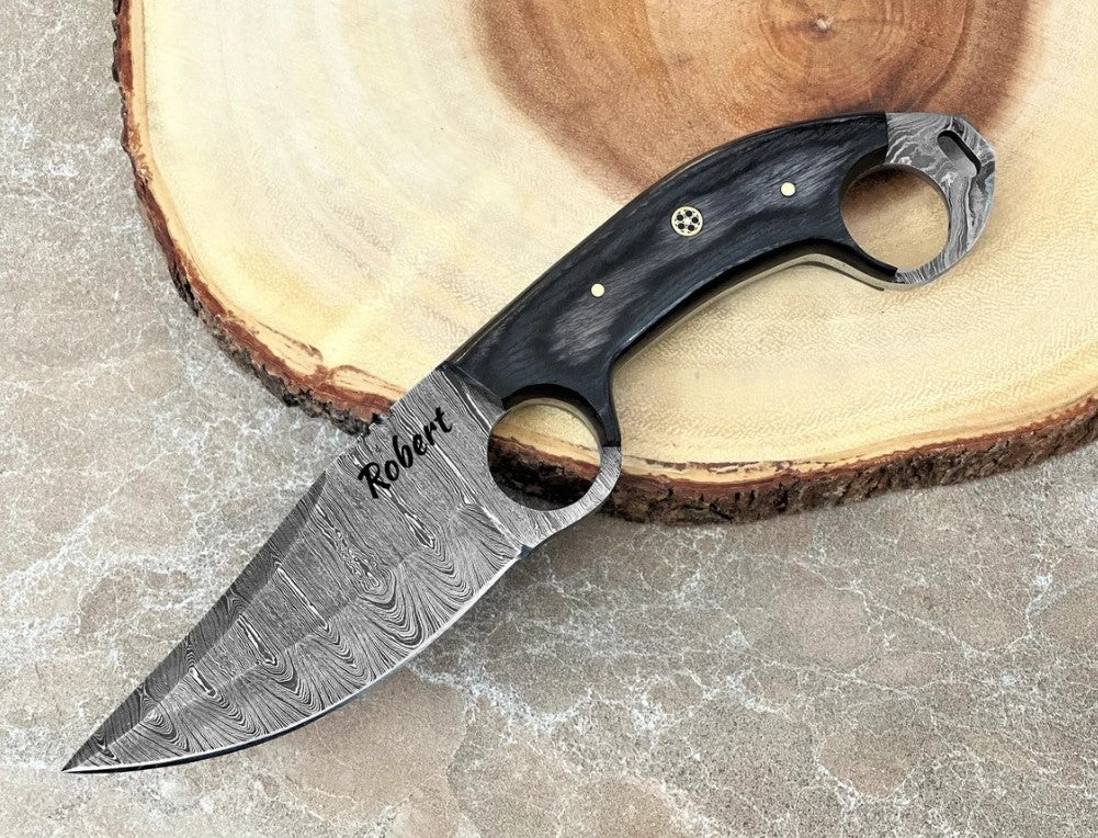 9'' Handmade Custom Full Tang Knife, Personalized Damascus Steel Fixed Blade Engraved Knife with Wood Handle