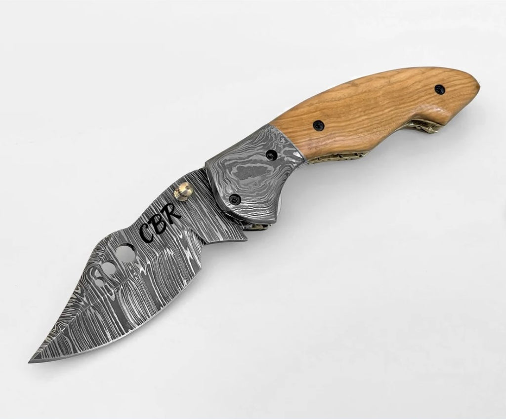 Damascus Steel Pocket Folding Knife Handmade Olive Wood Handle