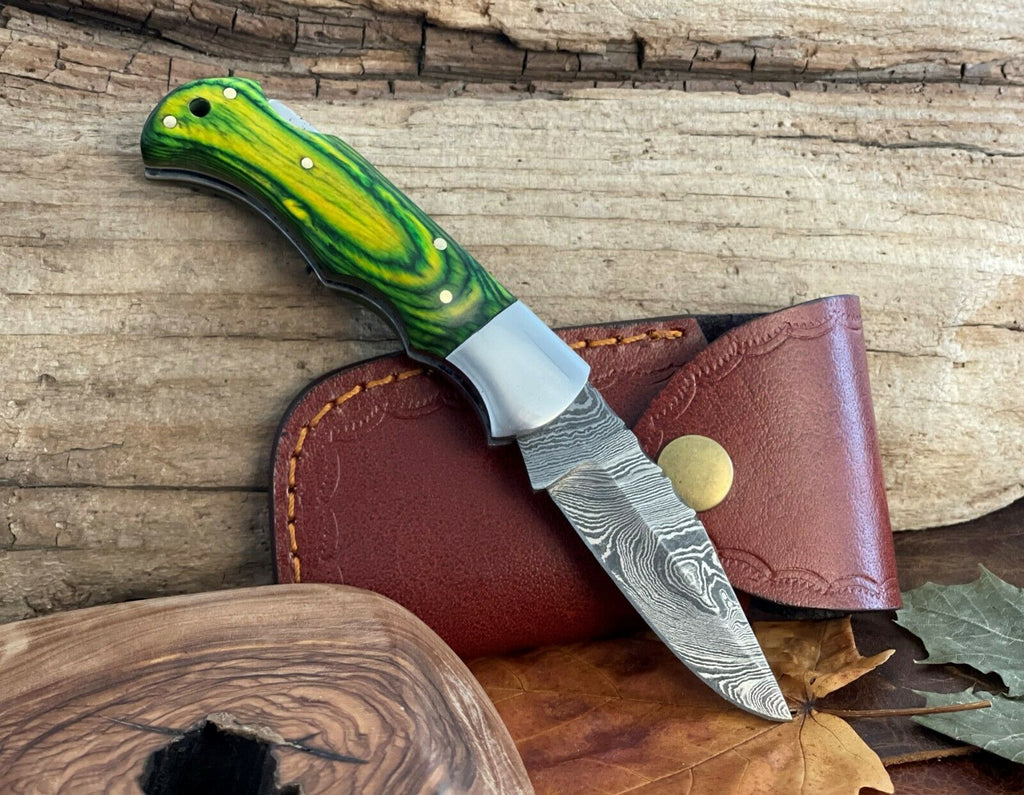 Damascus Pocket Knife Handmade Folding Knives Wood Handle with Back Lock