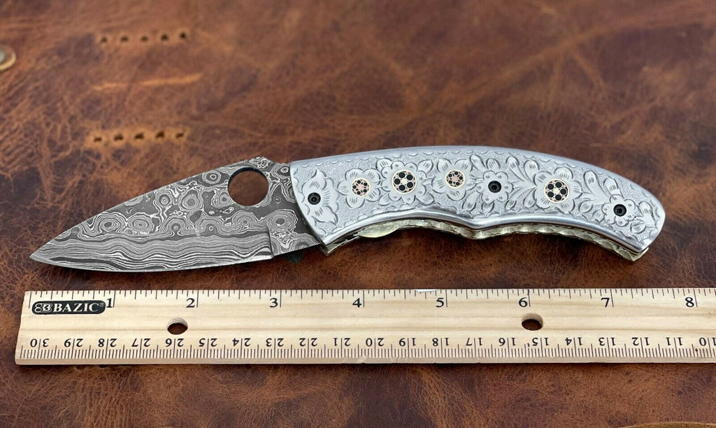 Damascus Steel Folding Pocket Knife with Engraved Brass Handle 8" Custom Knives