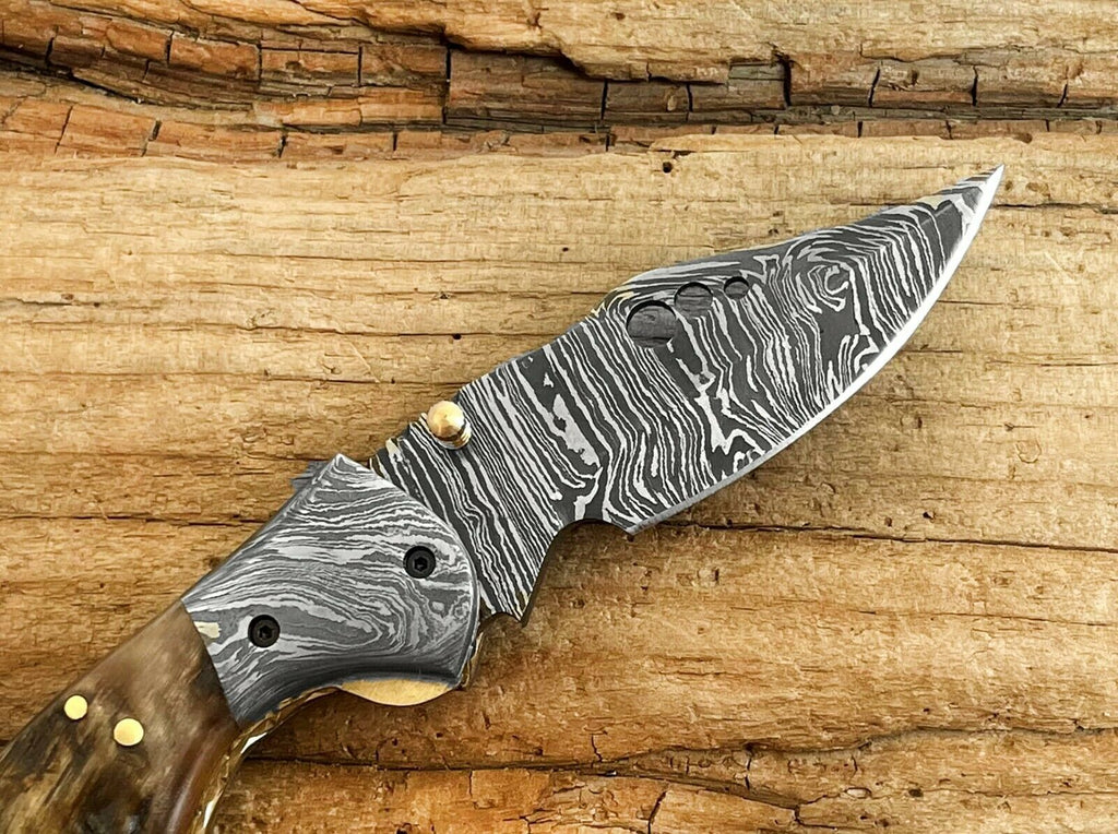 Damascus Steel Folding Pocket Knife with Ram Horn Handle With Leather Sheath