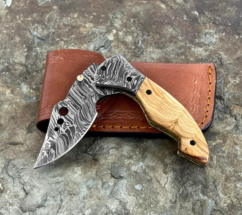 Damascus Steel Pocket Folding Knife Handmade Olive Wood Handle