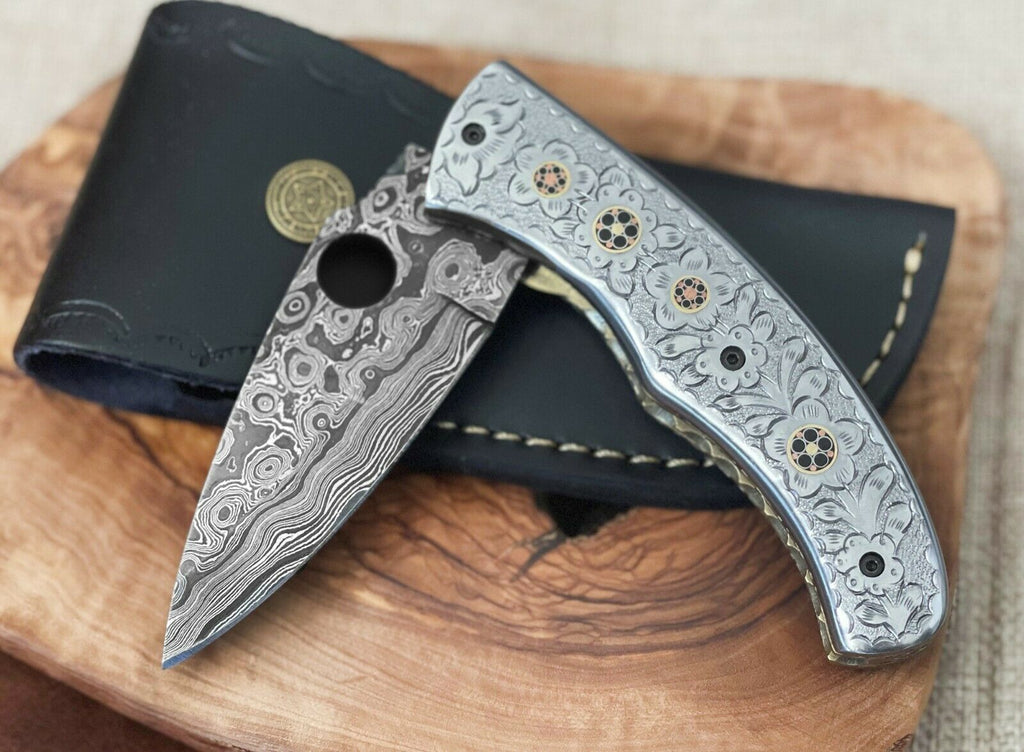 Engraved Damascus Steel Folding Pocket Knife 8" Handmade Unique Knife