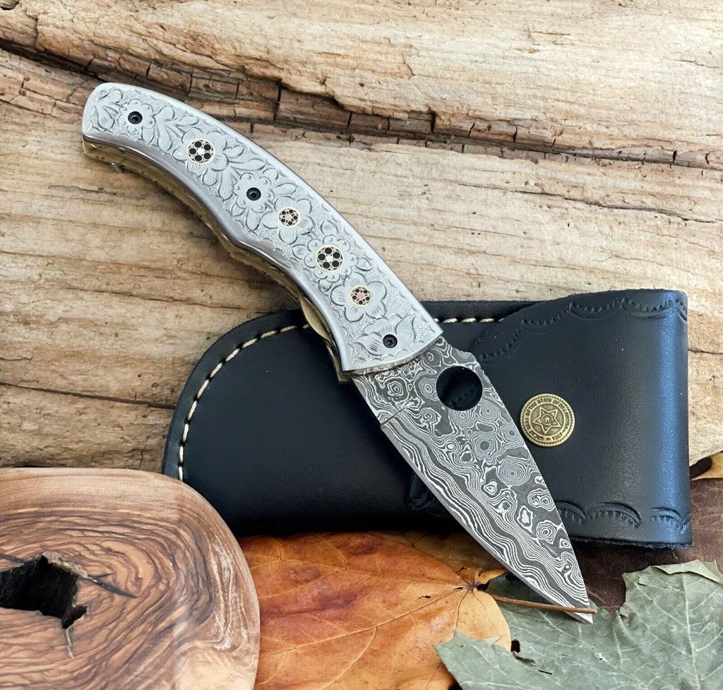 Engraved Damascus Steel Folding Pocket Knife 8" Handmade Unique Knife