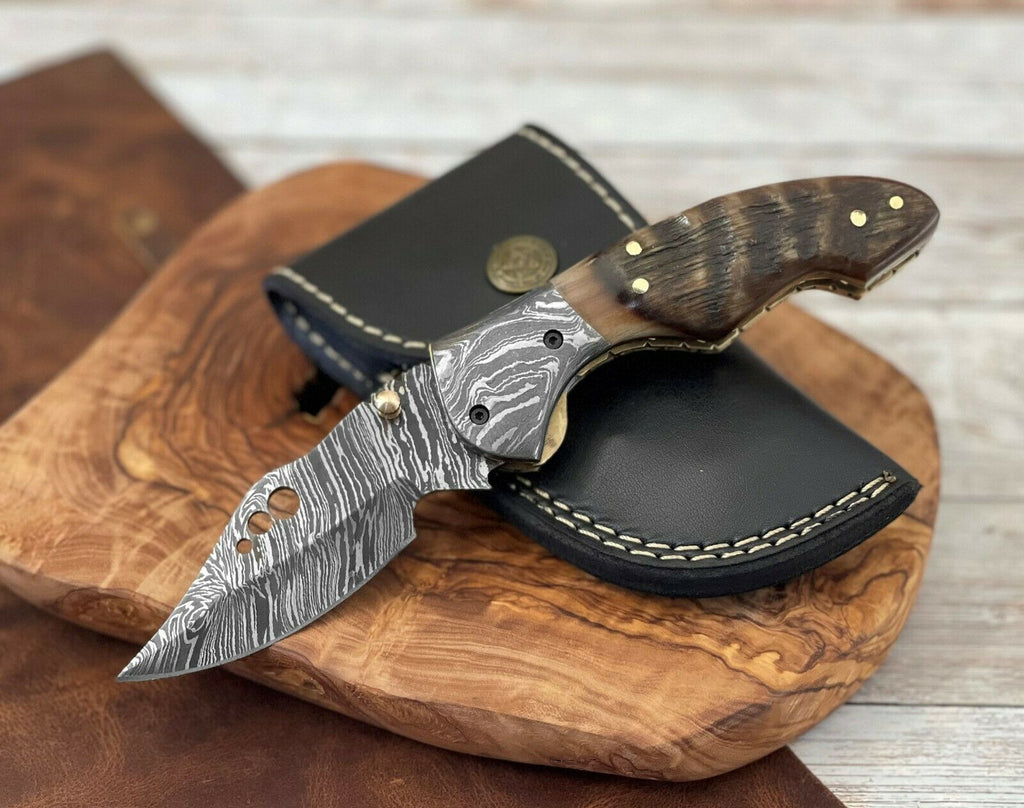 Damascus Steel Folding Pocket Knife with Ram Horn Handle With Leather Sheath
