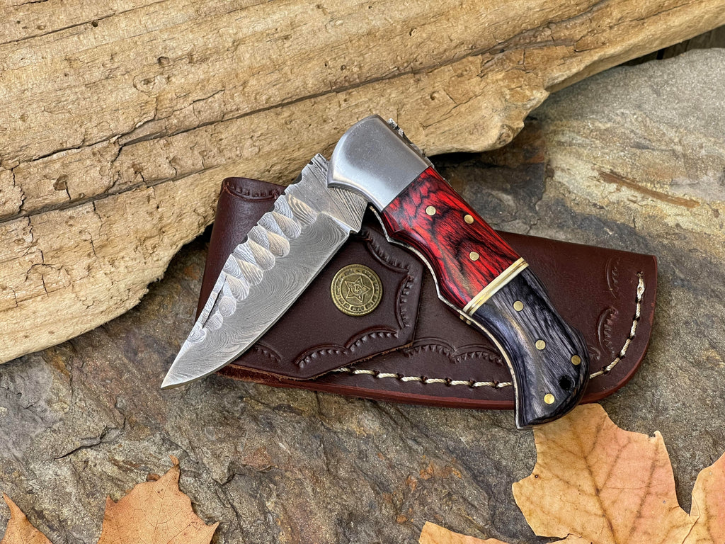 Damascus Steel Folding Pocket Handmade Knife Wood Handle+Leather Sheath